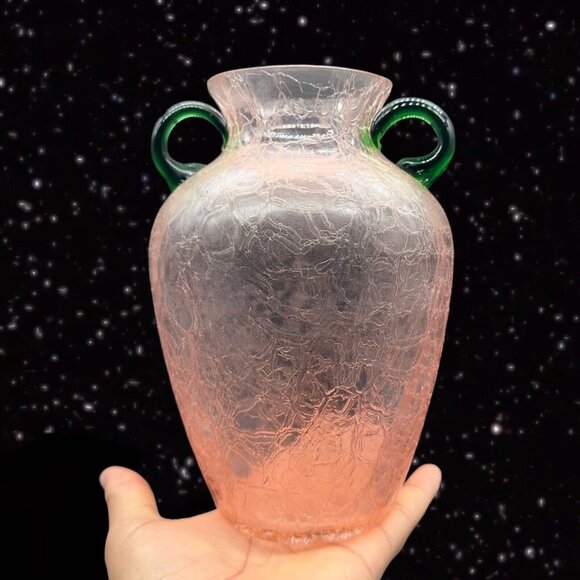 Pink Crackled Art Glass Vase with Applied Green Handles Textured Surface 8”T 3”W - Picture 10 of 13